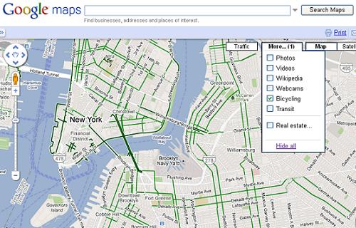 New York周辺の自転車ルート表示　(c)Google