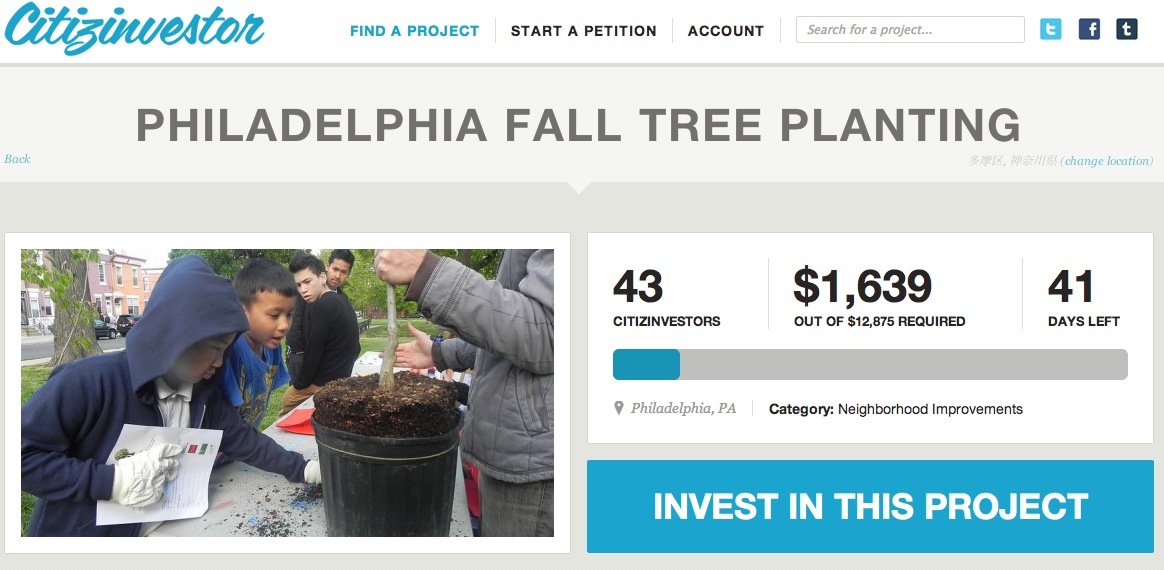 Citizinvestorの「Tree Philly」クラウドファンディングページ